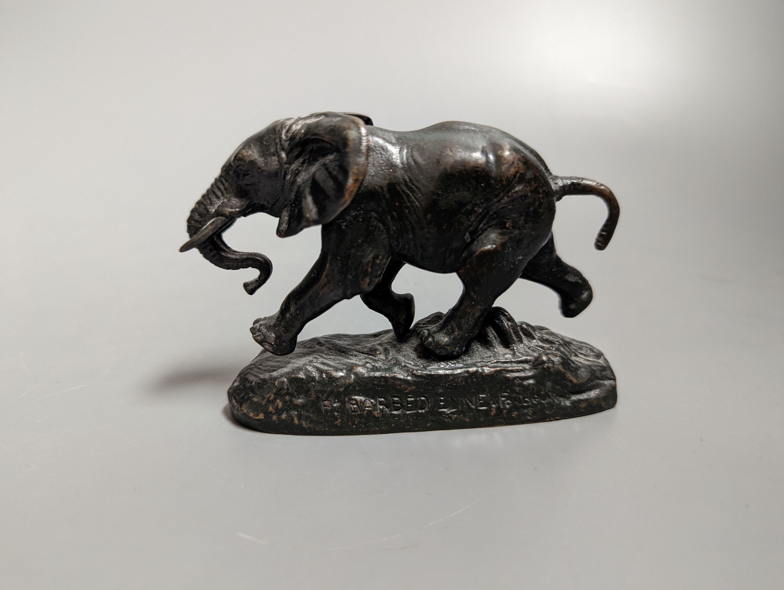 After Barye - bronze elephant, foundry mark Barbedienne, 10 cms wide